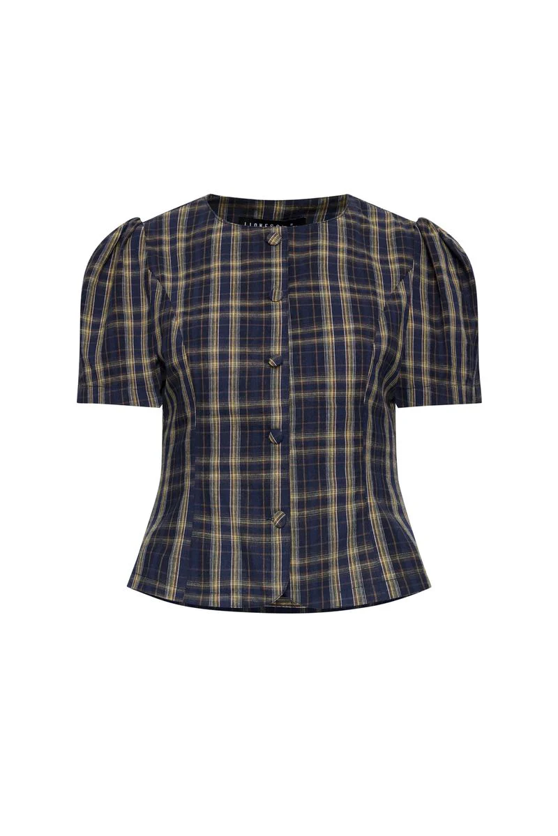 FEMME BLOUSE - NAVY LEMON PLAID - Image 7