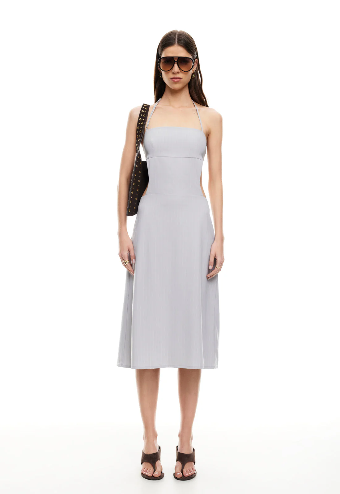 MOONLIT MIDI DRESS - LIGHT GREY PINSTRIPE